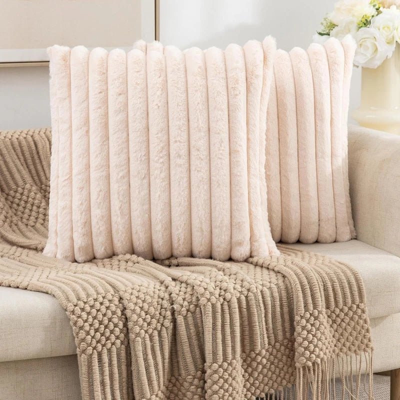 Faux Rabbit Fur Square Cushion Cover Big Thick Striped Super Soft Solid Color Pillow Cover 45x45cm Sofa Decor Cushion Cover