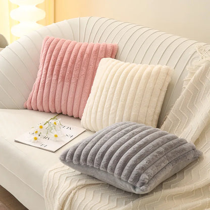 Faux Rabbit Fur Square Cushion Cover Big Thick Striped Super Soft Solid Color Pillow Cover 45x45cm Sofa Decor Cushion Cover