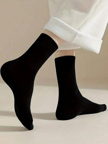 4 Pairs Women Autumn Winter Solid Color Mid Tube Socks Fashionable Versatile Warm Looped Soft Comfortable Casual Crew Socks